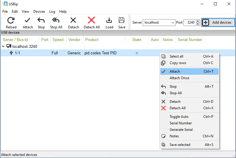usbip-win2 attaching bus id 1-1 from a server on localhost:3240